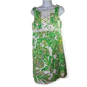 LILLY PULITZER Jungle Leaf Print Sundress White Applique Lace Sz 8 Cotton Pique